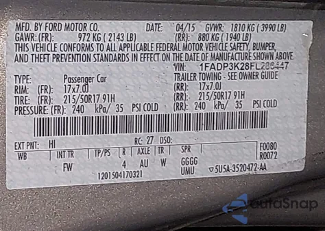 2015 Ford Focus Se from USA, damaged, VIN 1FADP3K28FL286447